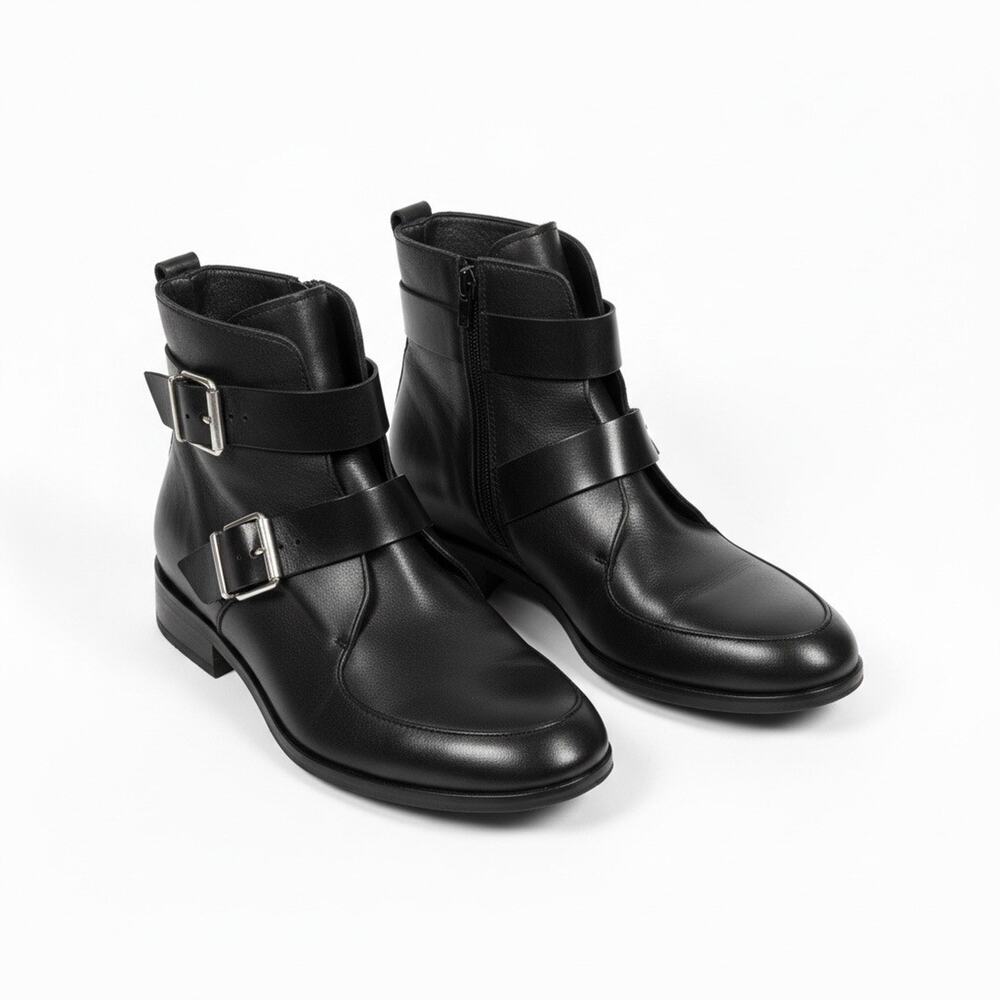Top Shop Black Leather Double Buckle Ankle Boots Moto Harness Low Heel Size 39